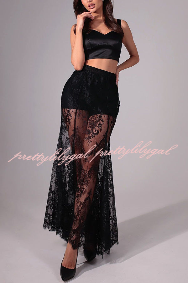 Perfect Party Lace Elastic Waist Contains Lining A-line Maxi Skirt