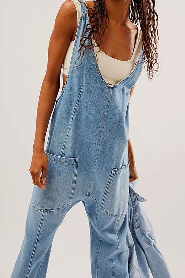 Pocket V Neck Suspender Denim Jumpsuit