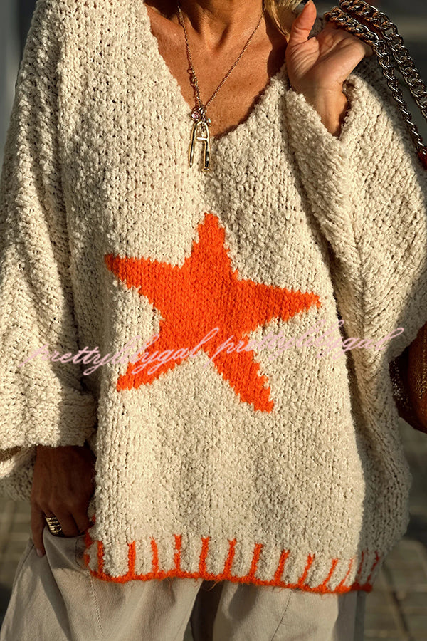 Warm Winter Day Texture Knit Star Pattern Contrast Color Loose Sweater