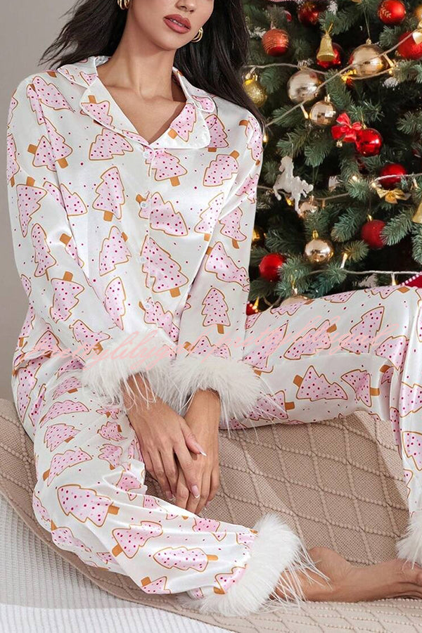 Christmas Print Feather Trim Elastic Waist Pocket Pajama Set