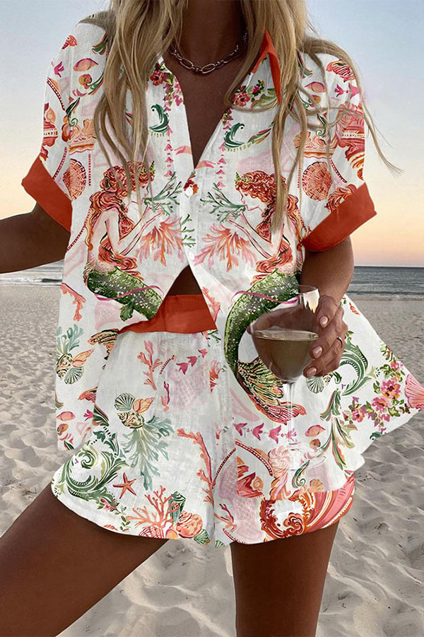Mermaid Print Loose Button Elastic Waist Shorts Set