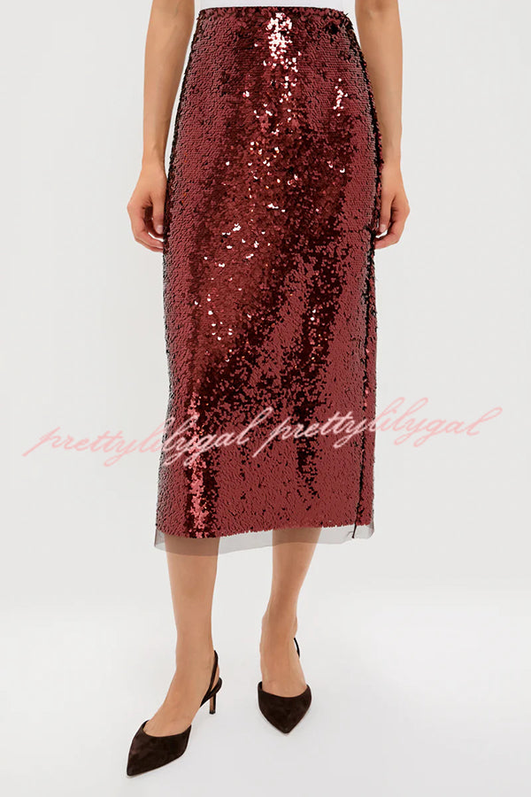 Upper East Chic Sequin Mesh Trim High Rise Slit Pencil Midi Skirt