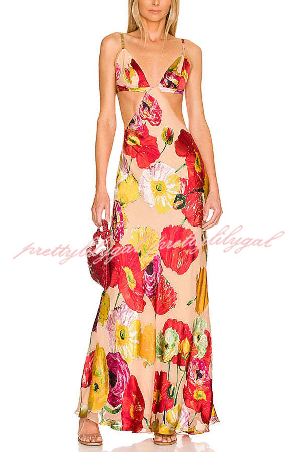 Hawaiian Dreams Satin Floral Print Cutout Backless Maxi Dress