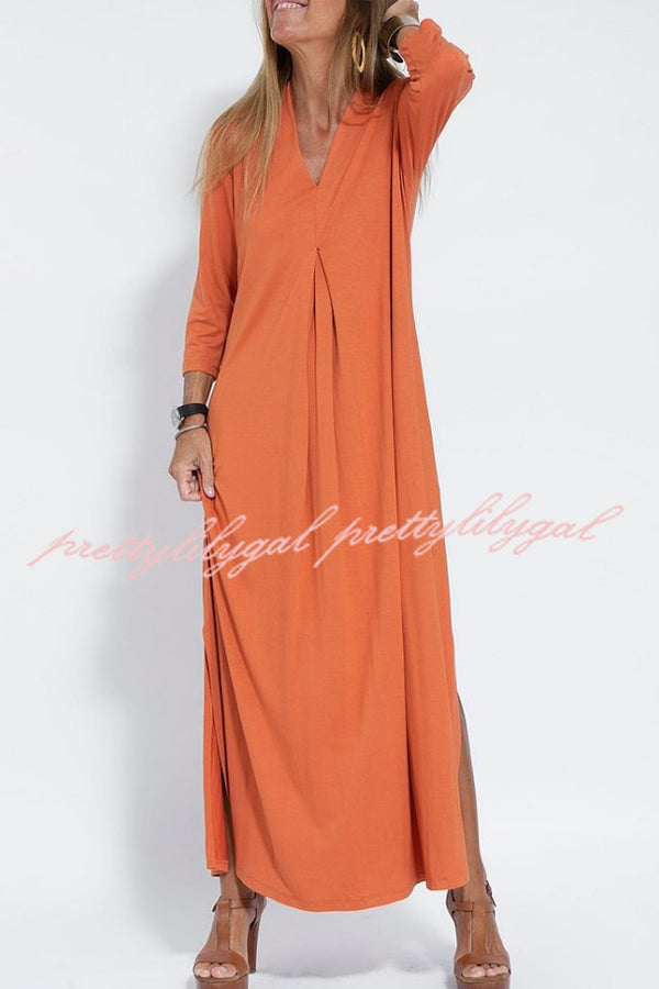 Solid Color V-neck Casual Slit Maxi Dress