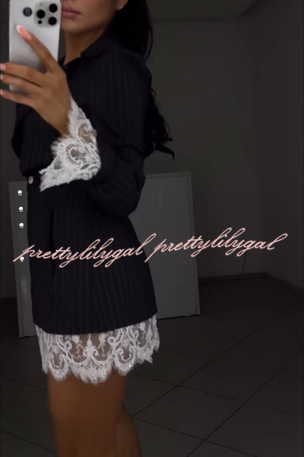 Merrin Striped Lace Trim Double-breasted Long Sleeve Lapel Blazer Mini Dress