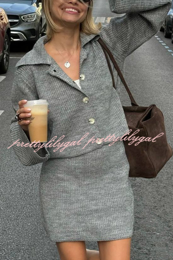 Fashion Lapel Bell Sleeve Knitted Cardigan and Casual Mini Skirt Set