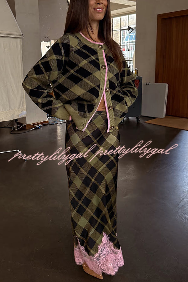 Holiday plaid Satin Unique Print Patchwork Lace Stretch Waist Draped Maxi Skirt