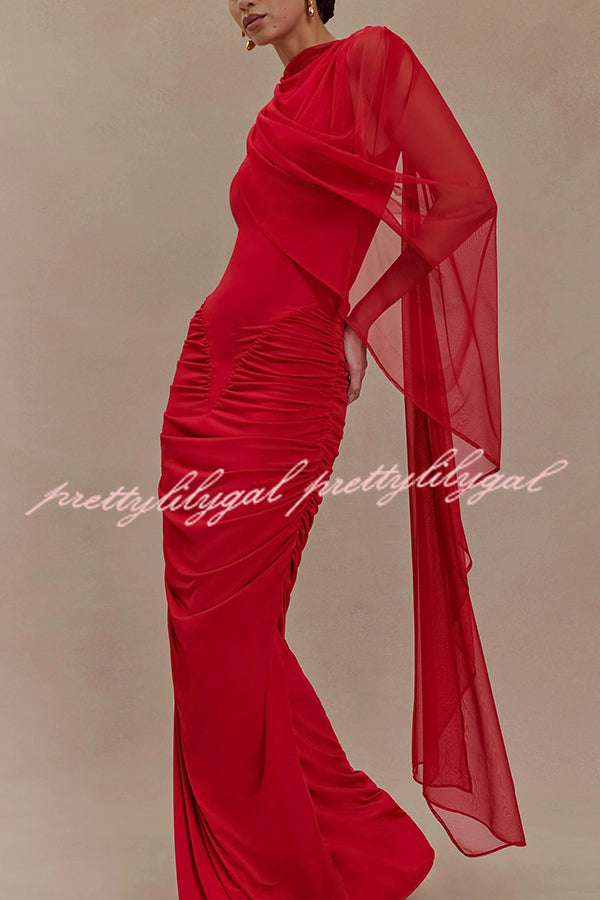 Fashionable Mesh Shawl Sleeveless Slim Fit Pleated Maxi Dress