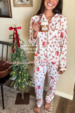 Christmas Candy and Drink Printed Long-sleeved Shirt and Elastic Waist Pocket Pants Set