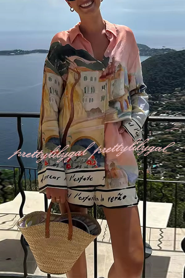 Unique Print Lapel Long Sleeve Loose Shirt and Elastic Waist Casual Pocket Shorts Set