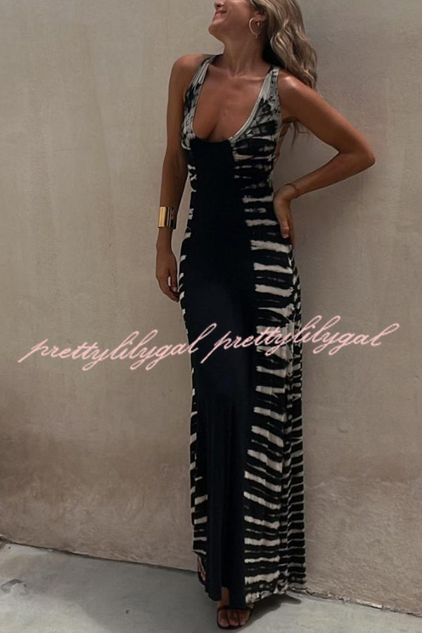 Summer Adventures Tie-dye Print Back Lace-up Stretch Maxi Dress