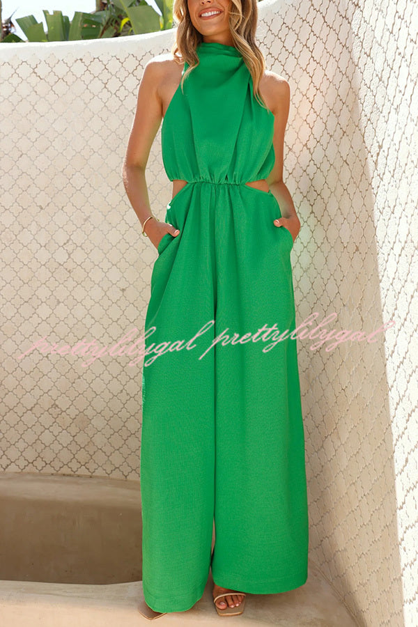 Solid Color Resort Style Halter Neck Waist Pocket Wide Leg Jumpsuit