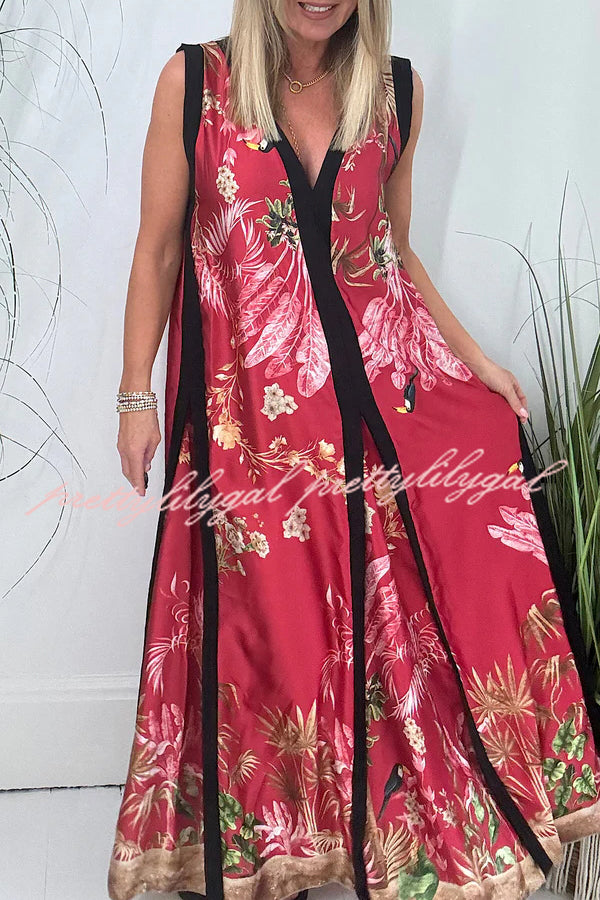 Vanna Unique Tropical Print Black Patchwork Detail A-line Maxi Dress