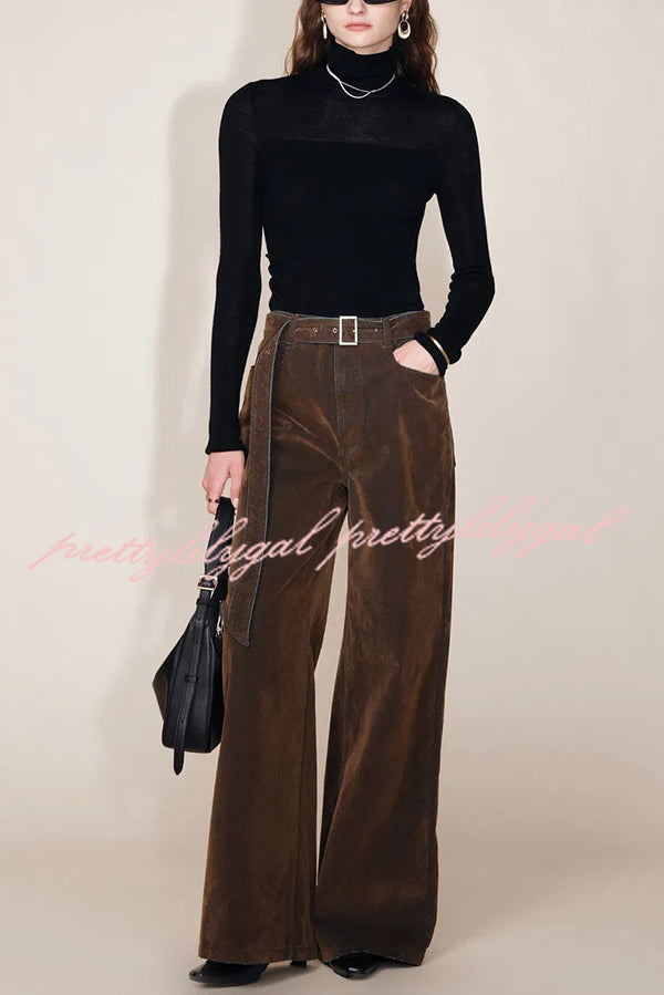 Taylor Denim Mid Rise Detachable Belt Flocked Pocket Wide Leg Jeans