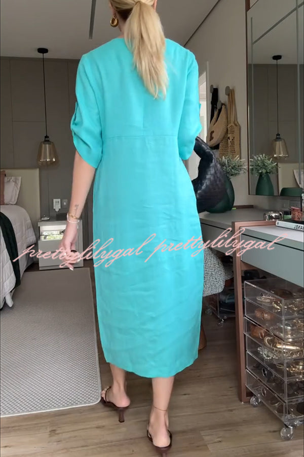 Ultra-comfortable Linen Blend Half Sleeve Front Button Detail Relaxed Pocket Midi Dress