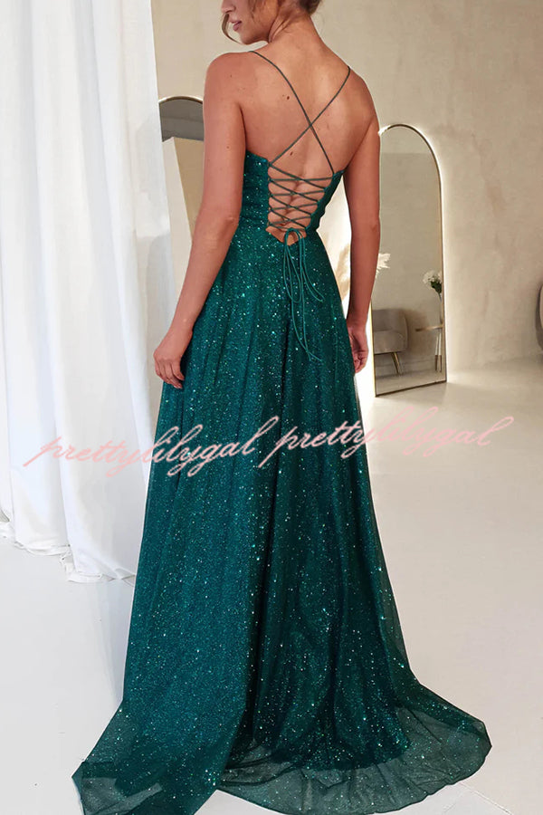 Cinderella Glitter Tulle Fabric Cowl Neck Back Lace-up Pocketed Slit Maxi Dress