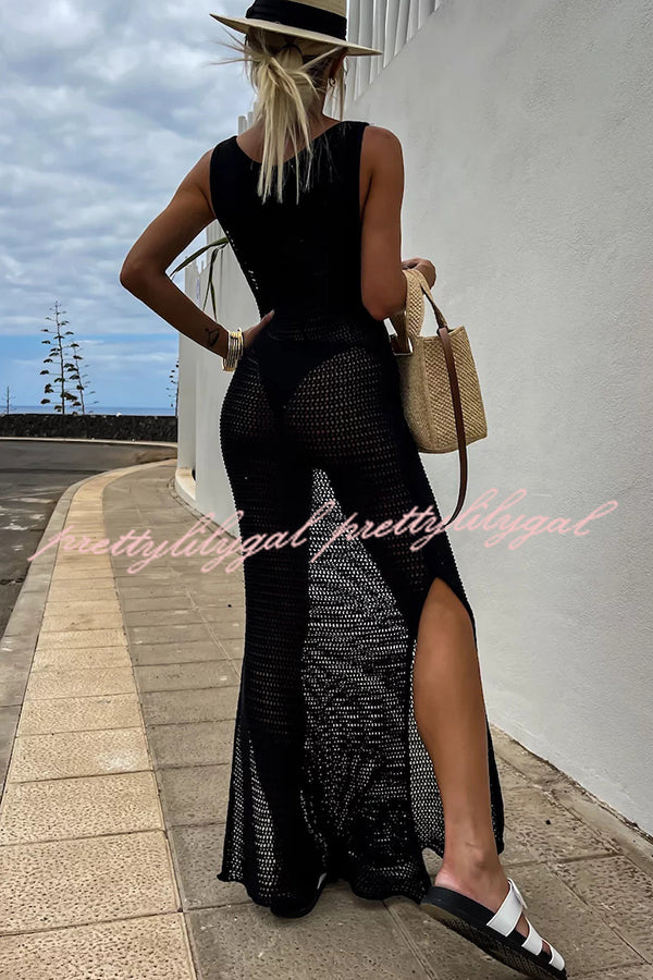 Solid Color Knitted Cutout Slit Slim Fit Maxi Dress