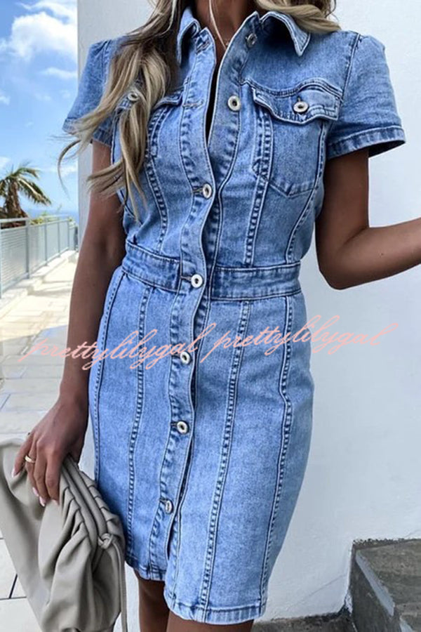 High Waist Single Breasted Denim Mini Dress