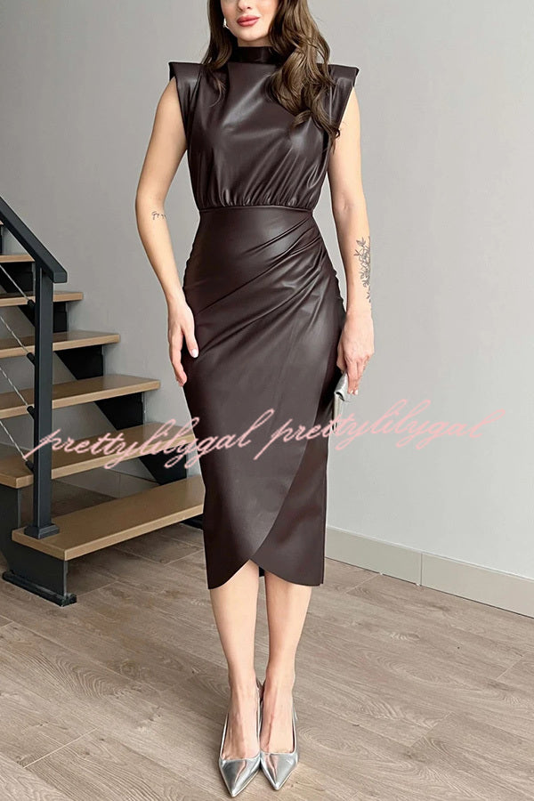 Elouise Faux Leather Turtleneck Shoulder Pads Ruched Slit Midi Dress