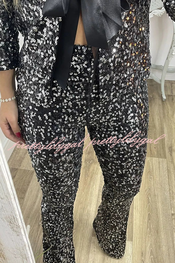 Holiday Cheer Sequin High Rise Elastic Waist Flared Stretch Pants