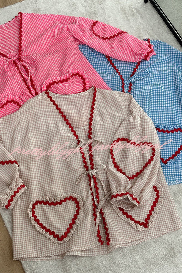 Lovely Plaid Heart Pattern Casual Lace-up Pocket Loose Shirt