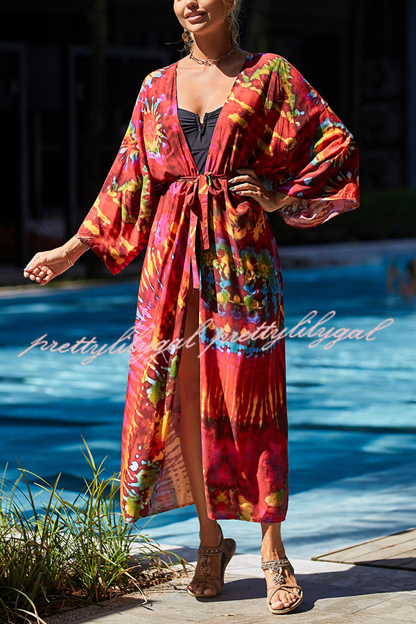 Unique Print Loose Lace Up Holiday Maxi Cover Up