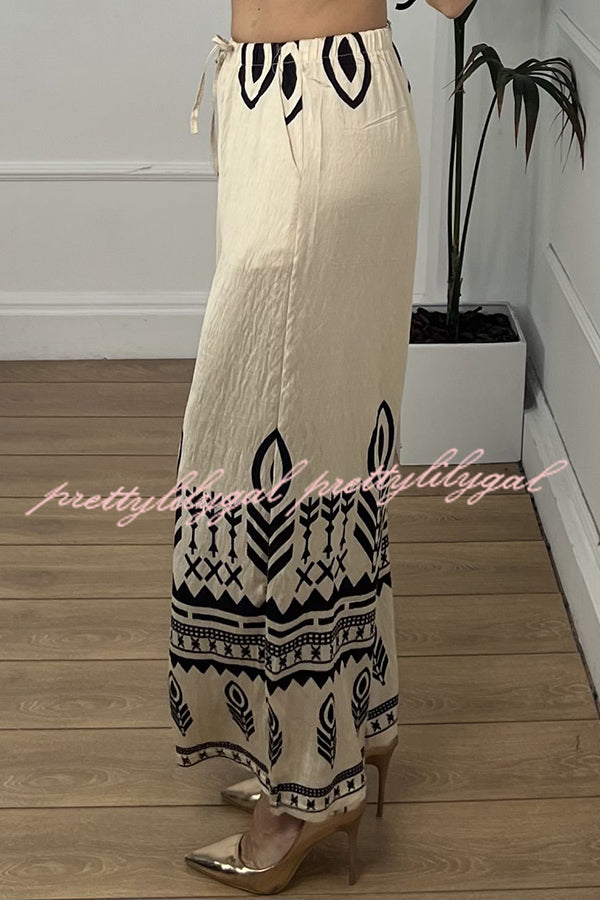 Unique Print Elastic Waist Casual Pocket Wide Leg Pants
