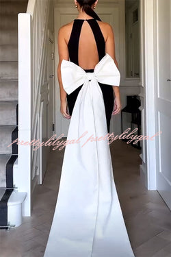 Statement Chic Racer Neck Back Oversized Bow Hem Backless Maxi Dress