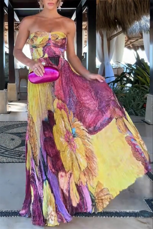 Vibrant and Bold Floral Print Sweetheart Neck Pleated Maxi Dress prettylilygal Vibrant and Bold Floral Print Sweetheart Neck Pleated Maxi Dress prettylilygal