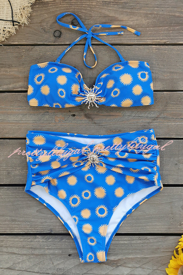 Sun Print Metal Embellishments Stretch Two-piece Bikini Swimsuit