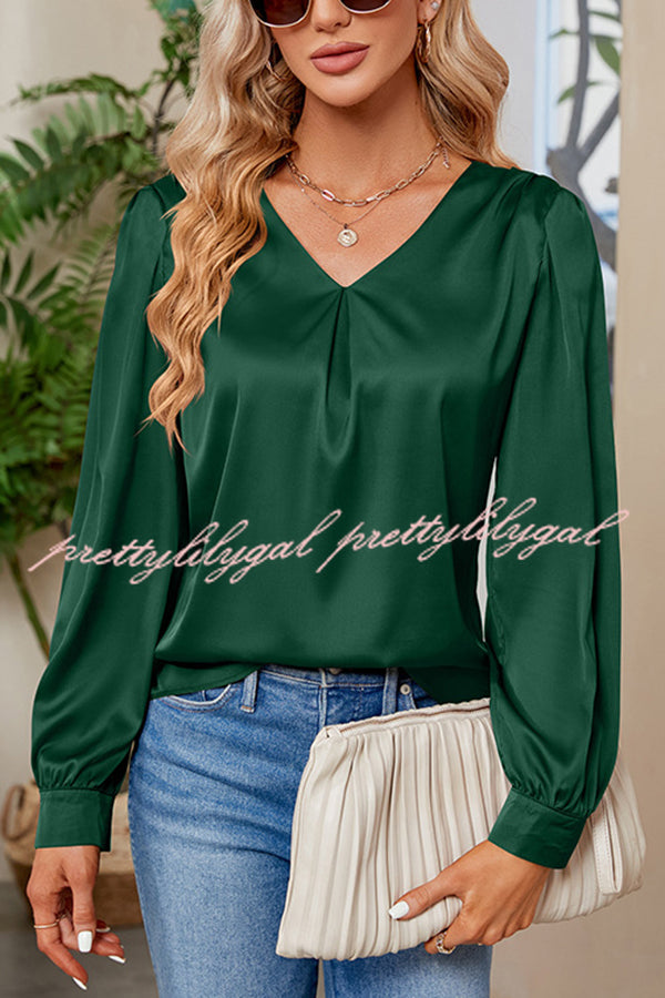 Satin Pleated V-neck Long-sleeved Loose Shirt