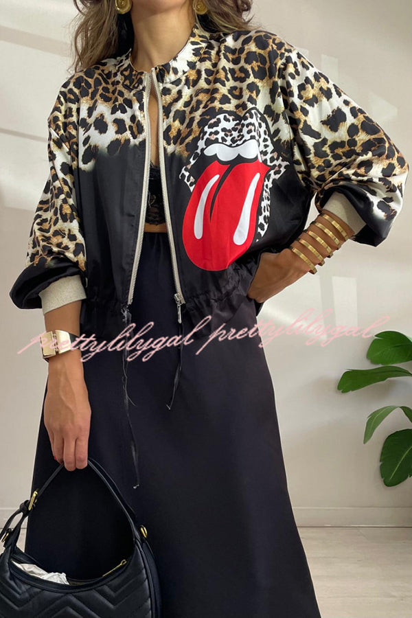 Shiloh Leopard Unique Print Zipper Drawstring Hem Bomber Jacket