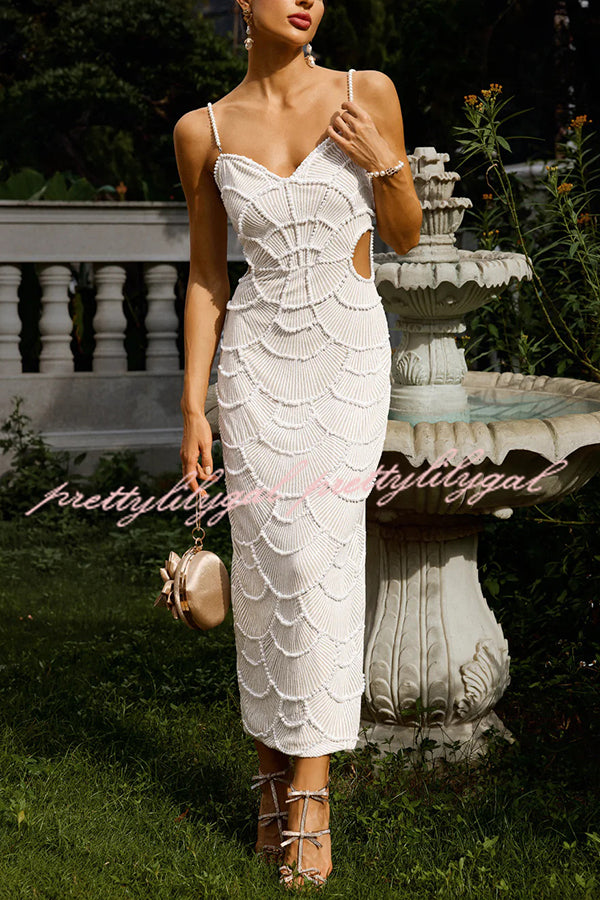 Own It Pearl Sequin Embellished Sexy Backless Cutout Strap Maxi Dress