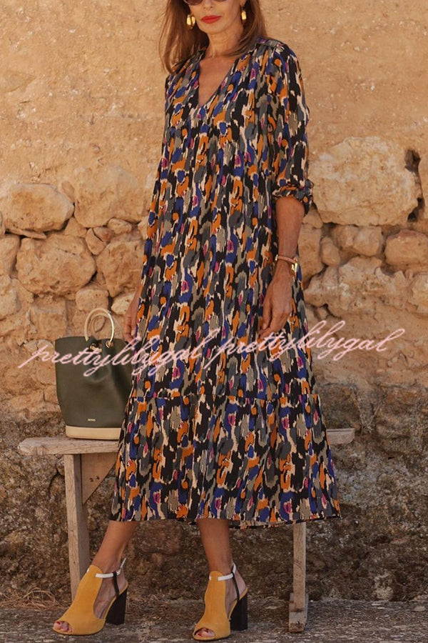 Multicolor Color Block Print V-neck Loose Resort Midi Dress