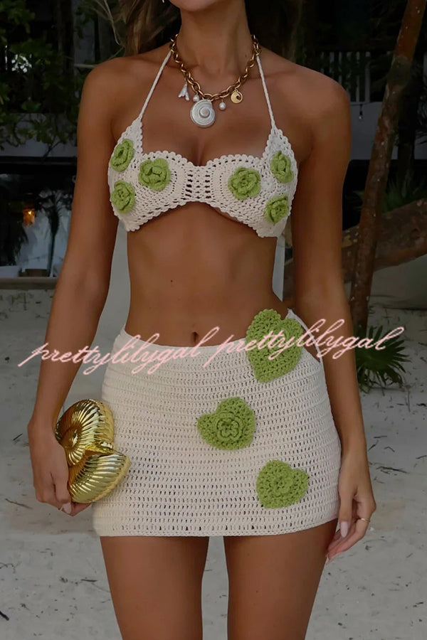 Fashion Crochet Floral Sexy Halter Top and Knit Hollow Mini Skirt Set
