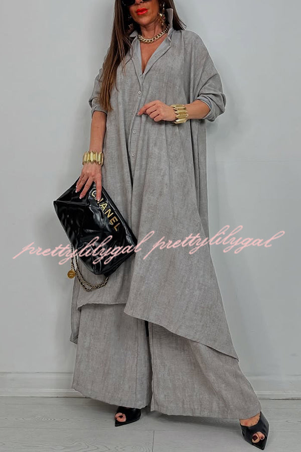 Solid Color Casual Loose Long Shirt and Elastic Waist Pocket Wide Leg Pants Set