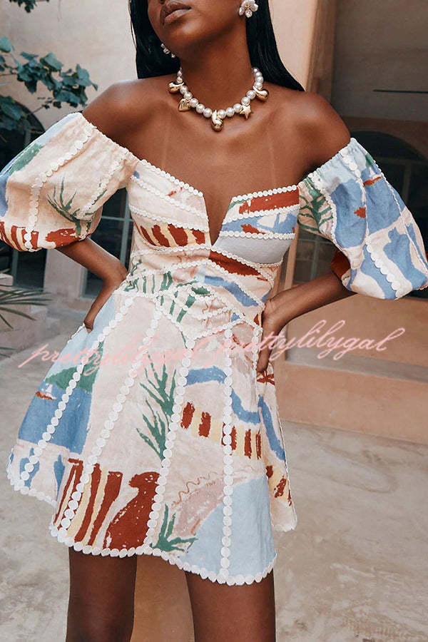 knee length dresses for ladies Como Linen Blend Ric Rac Trims Unique Print Puff Sleeve Mini Dress –  prettylilygal