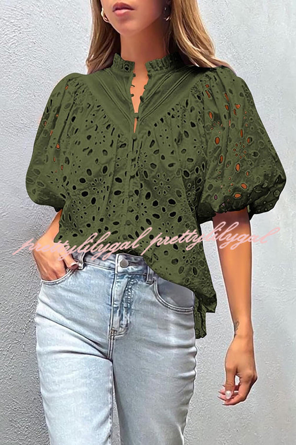 Hollow Embroidered Lace V-neck Buttoned Lantern Sleeve Blouse