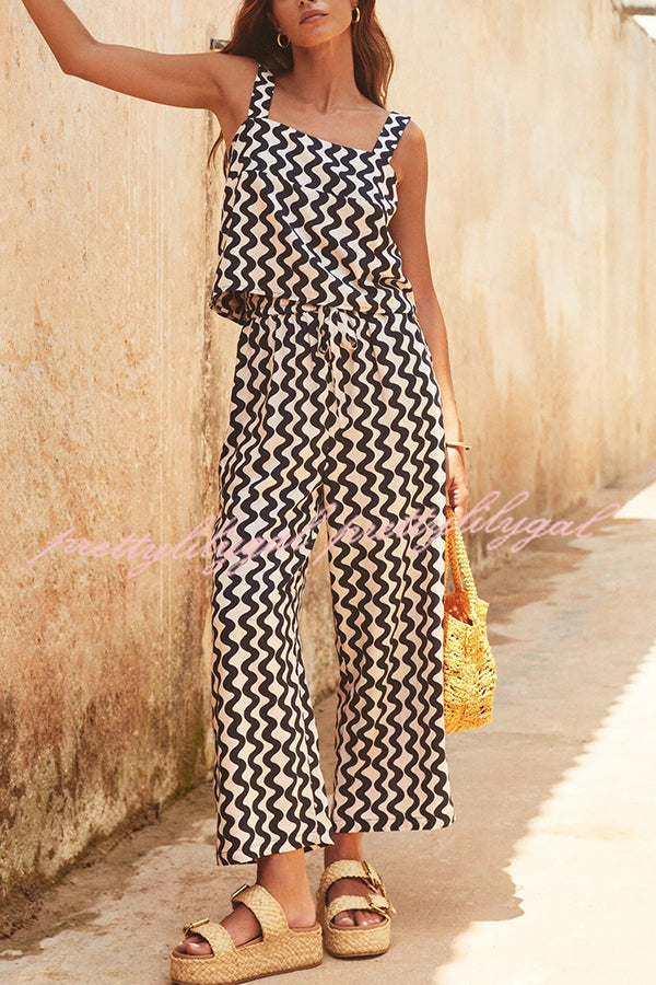 Printed Wide Straps Square Neck Tank and Pockets Elastic Waist Wide Leg Trousers Set