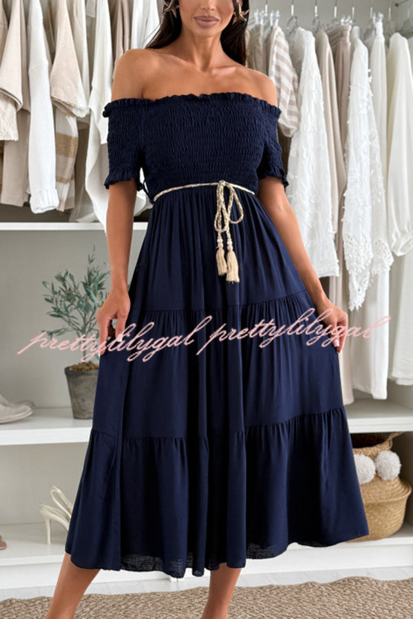 Solid Color Off-the-shoulder Pleated Waist Midi Dress