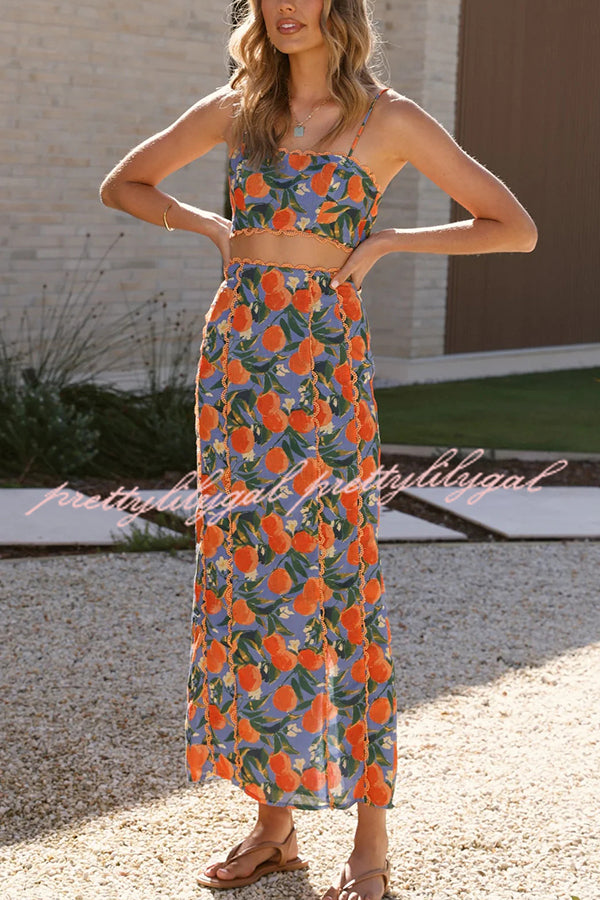 Linen Blend Summer Fruit Print Camisole Top and Elegant Lace Back Slit Maxi Skirt Set