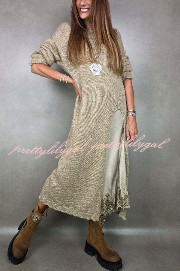 Solid Color Knitted Long-sleeved Casual Slit Midi Dress