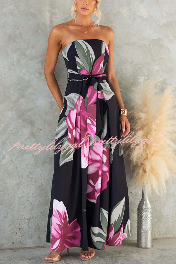 Just Heavenly Floral Print Off Shoulder Tie-up Wide Leg Jumpsuit