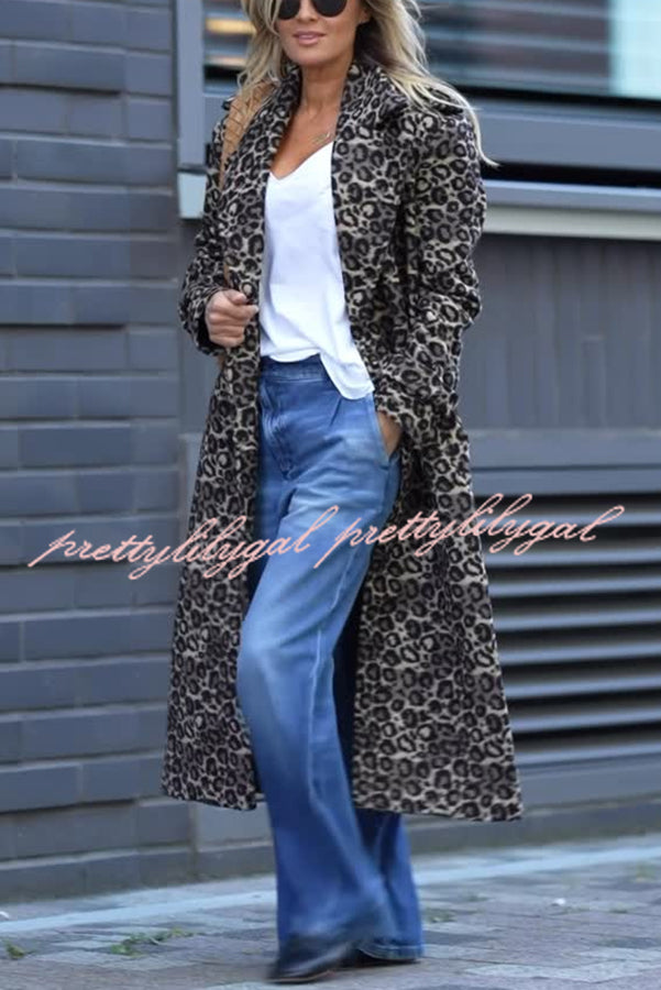 Leopard Affair Animal Print Epaulettes Long Sleeve Pocketed Lapel Midi Trench Coat