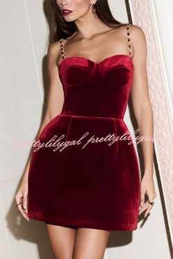 Harley Luxurious Velvet Fabric Jewel-embellished Shoulder Straps Pocket Tulip Mini Dress