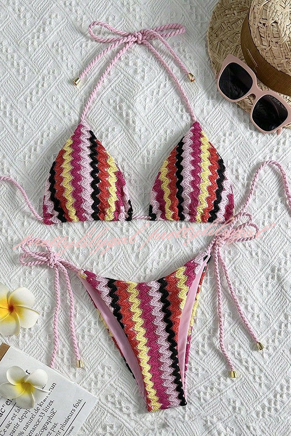 Knit Wave Unique Print Stretch Tie Bikini Swimsuit