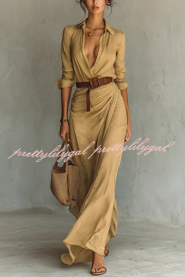 City Sleek Single Breasted Long Sleeve Warp Slit Shirt Maxi Dress