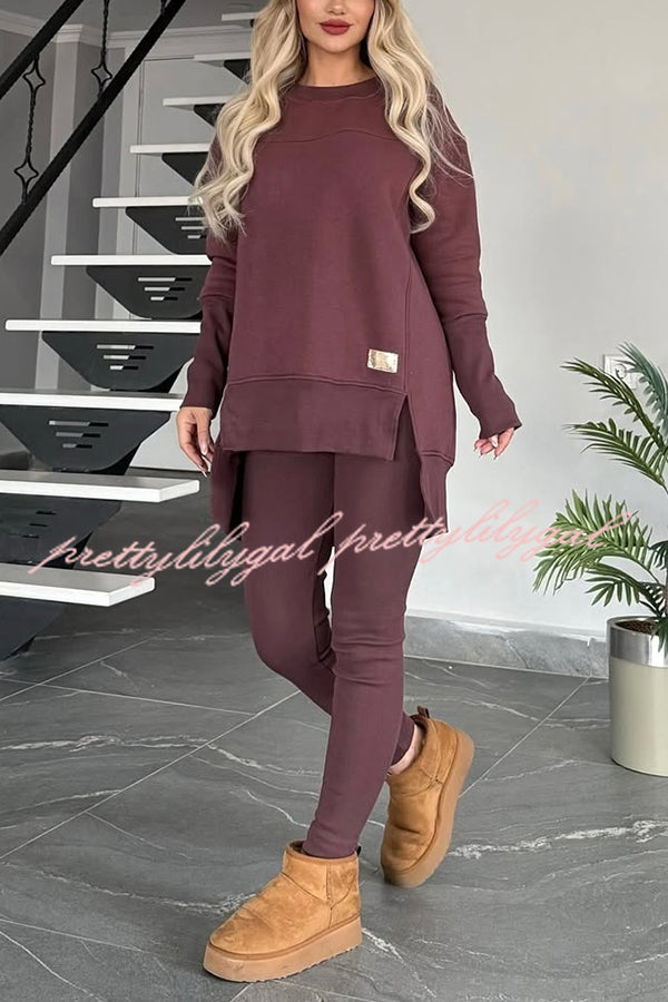 Solid Color Crew Neck Long Sleeve Top and Casual Stretch Pants Set