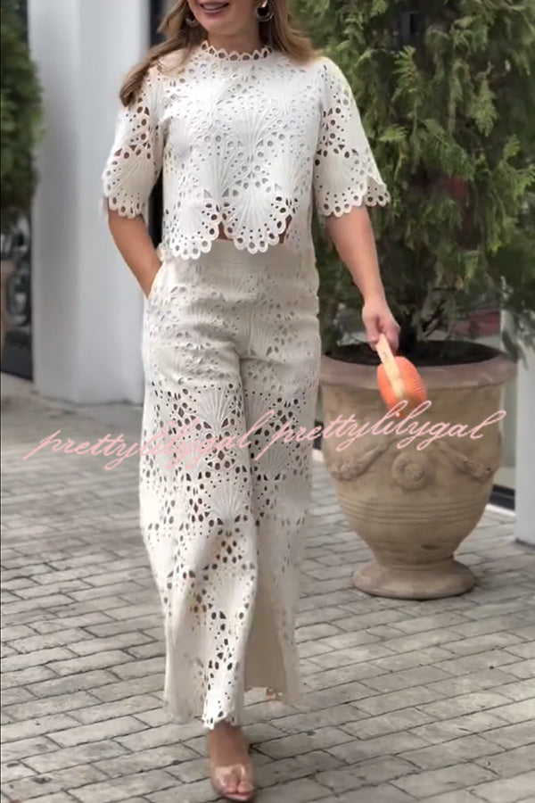 Eliose Scallop Cutout Embroidery Lace Short Sleeve Loose Top