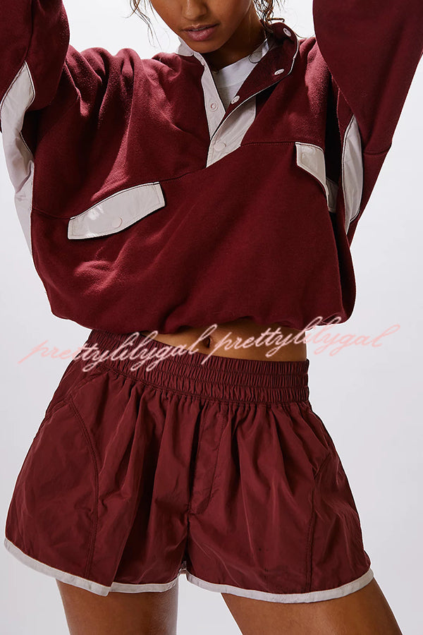 Fashion Contrast Color Stitching Stand Collar Long Sleeve Top and Elastic Waist Loose Pocket Shorts Set